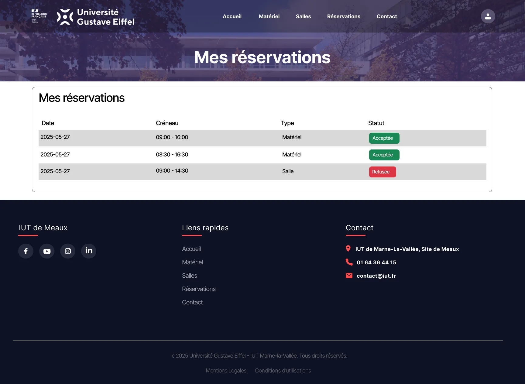 Page historique des réservations de l'application de réservation de matériel