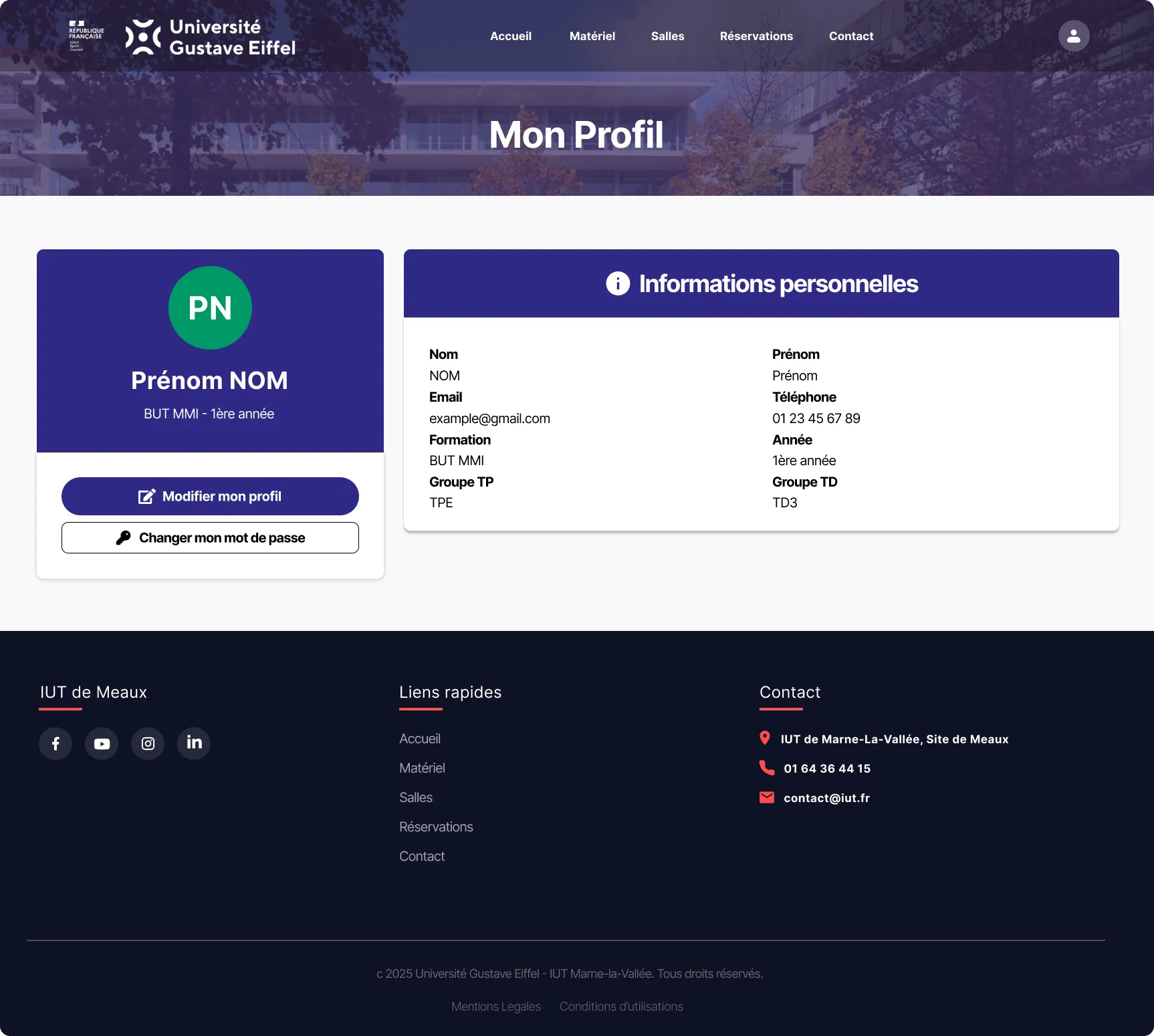 Page profil de l'application de réservation de matériel