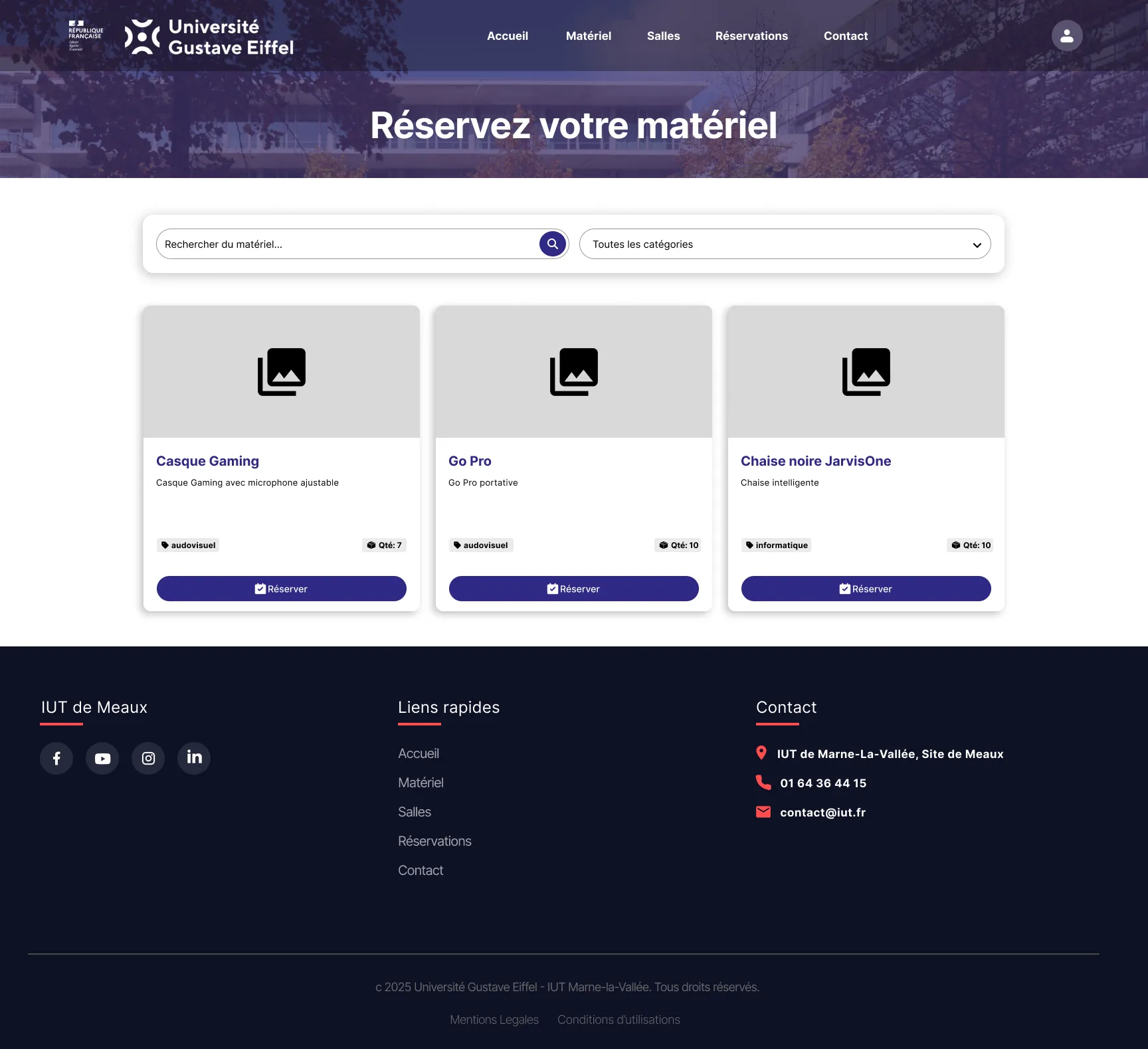 Page de. réservation de matériel de l'application de réservation de matériel