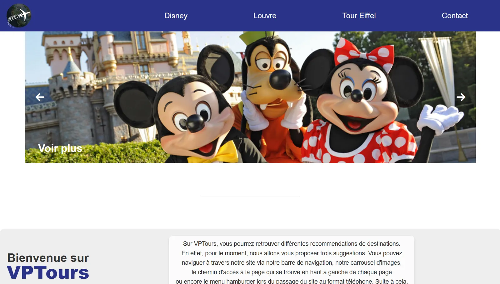 Page d'accueil du site VPTours, agence de voyage fictive, avec un carrousel de destinations