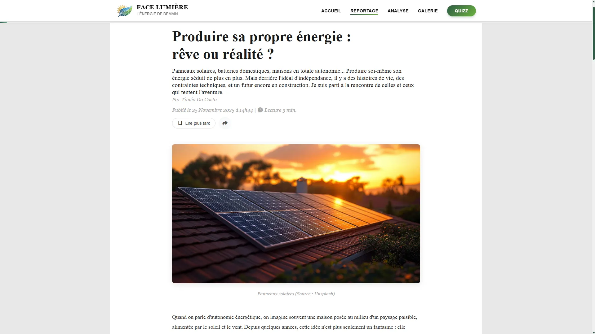 Page du premier article réalisé par moi-même incluant la vidéo montée